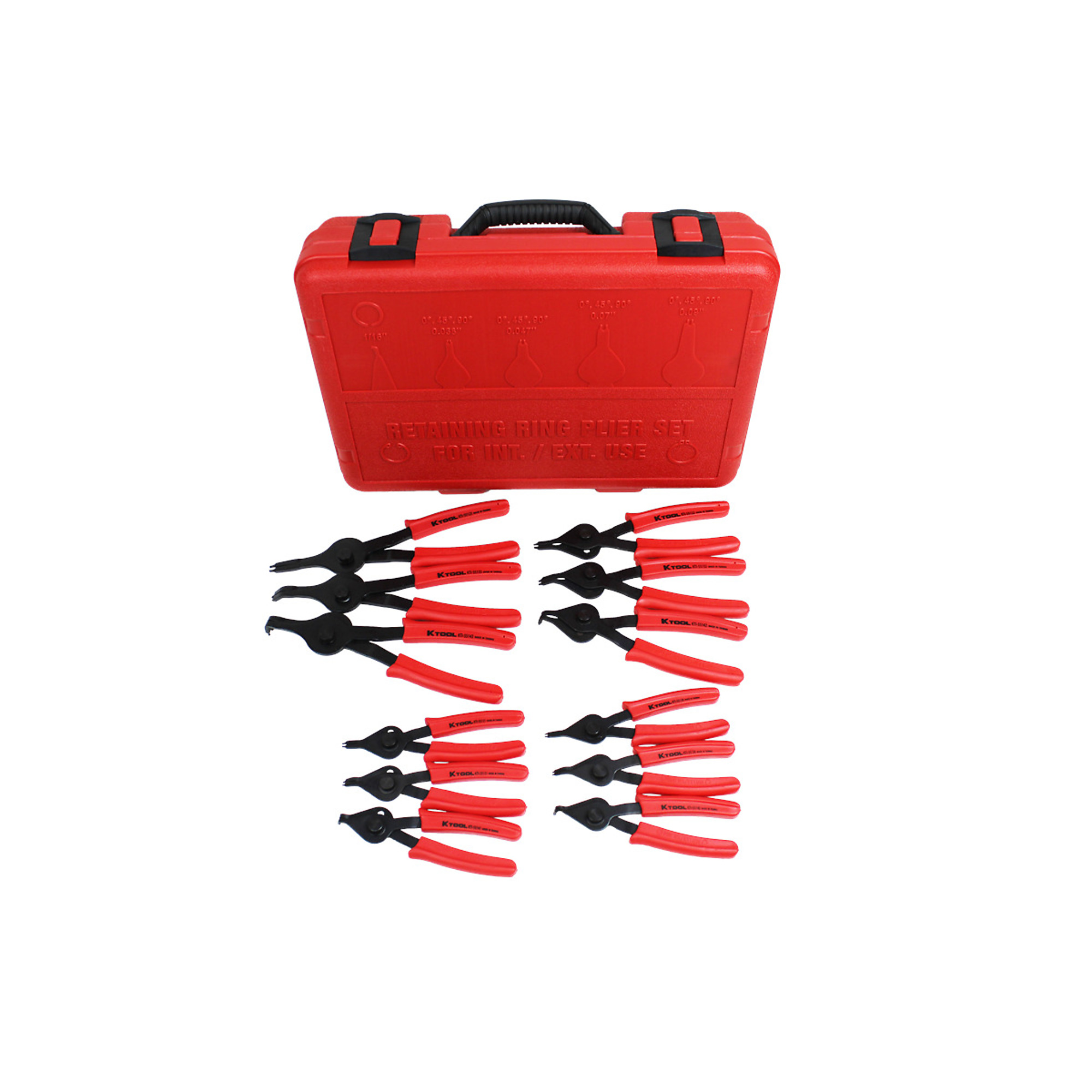K Tool International Snap Ring Pliers Set — 12-Piece, Heavy-Duty, Straight/45°/90° Angles, Red Gripped Handles, Model# KTI55112
